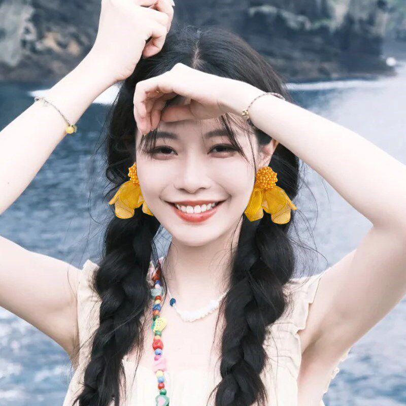 黄色花朵耳夹无耳洞海边度假风长款夸张耳坠小众独特新款气质耳饰