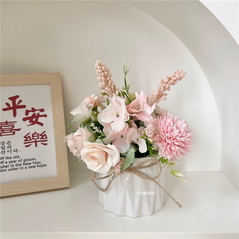 现货北欧仿真花套l装陶瓷麻绳花瓶玫瑰花仿真植物盆栽家居装饰假