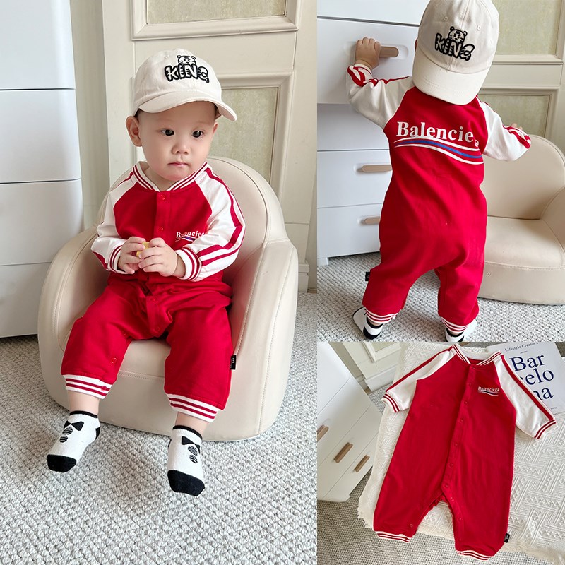 男童连体衣宝宝洋气m外出服哈衣儿童印花字母爬服小童婴幼儿连身