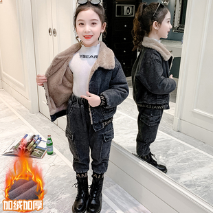 潮 女童秋冬装 套装 儿童加绒加厚洋气女孩2022新款 牛仔两件套冬装