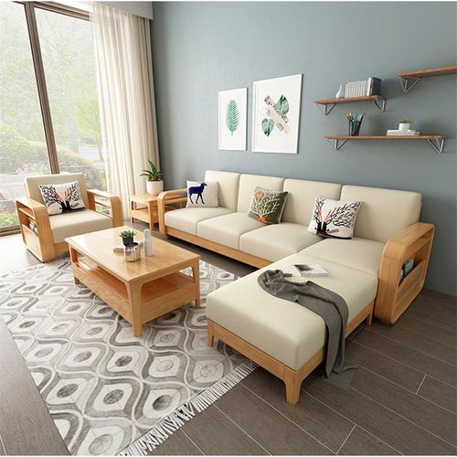 北欧实木沙发现代简约小户型123位U形实木布可拆洗客厅茶几电视柜