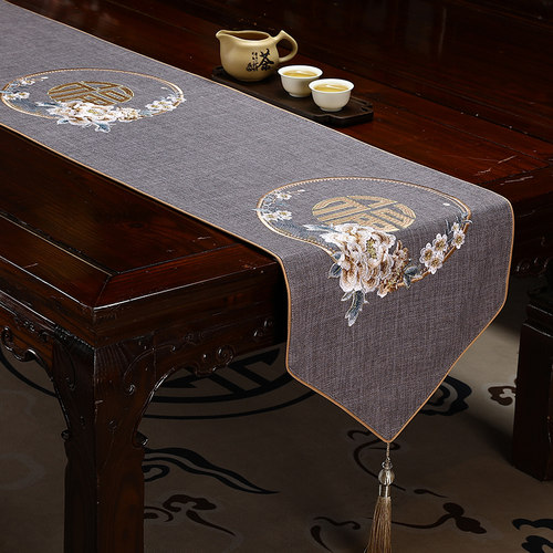新中式禅意桌旗茶几茶旗刺绣布艺餐桌茶几桌布电视柜长条盖布定制