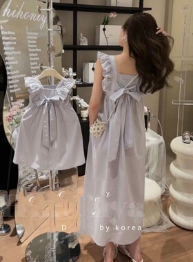 cicibaby亲子装夏季s新款高端母女装洋气飞袖连衣裙蓝色棉布裙子