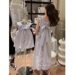 cicibaby亲子装夏季s新款高端母女装洋气飞袖连衣裙蓝色棉布裙子