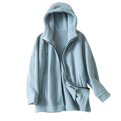 法国单 加厚密实j保暖摇粒绒宽松落肩袖中长款连帽女抓绒外套1640