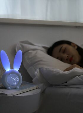 卡通萌兔闹钟夜光计时器小v夜灯定时闹钟USB充电伴睡床头钟