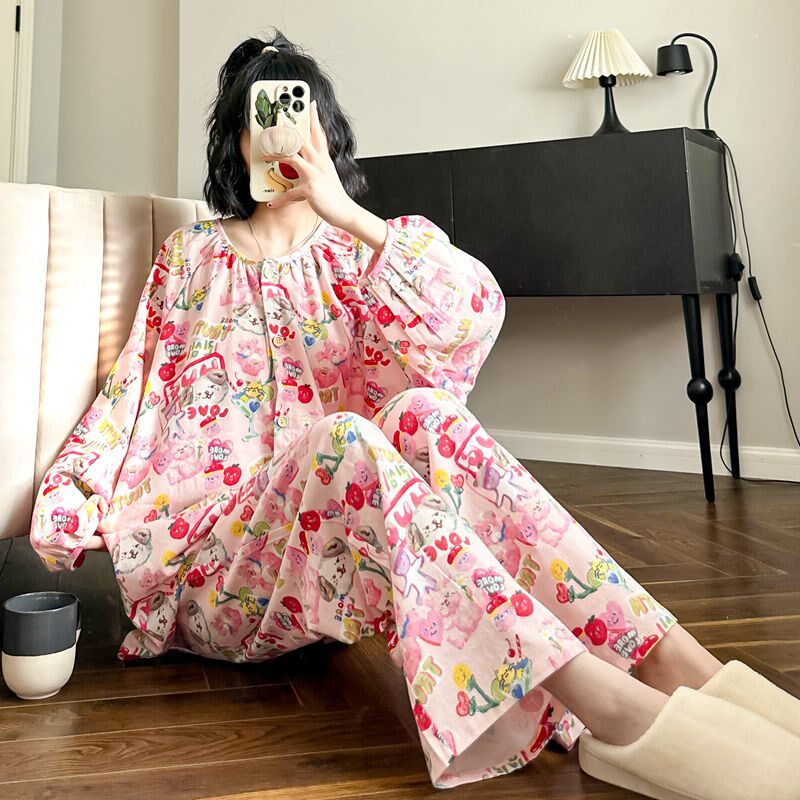 粉色日系睡衣女春秋款卡通可爱宽松新款月子服家居服夏季套装