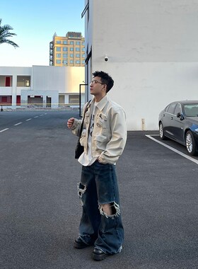 PLTH*新品春季直筒破洞水洗做旧复古拖地N牛仔裤韩版廓形显高长裤