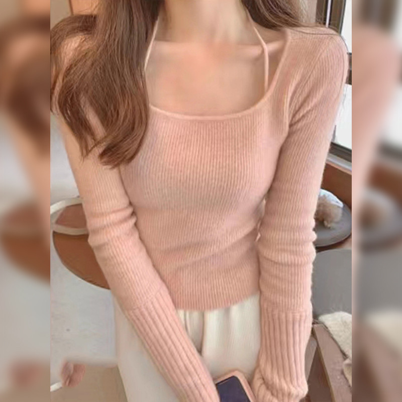 热销粉色挂脖打底衫女春秋季2024新款高级感温柔毛衣内搭短款针织