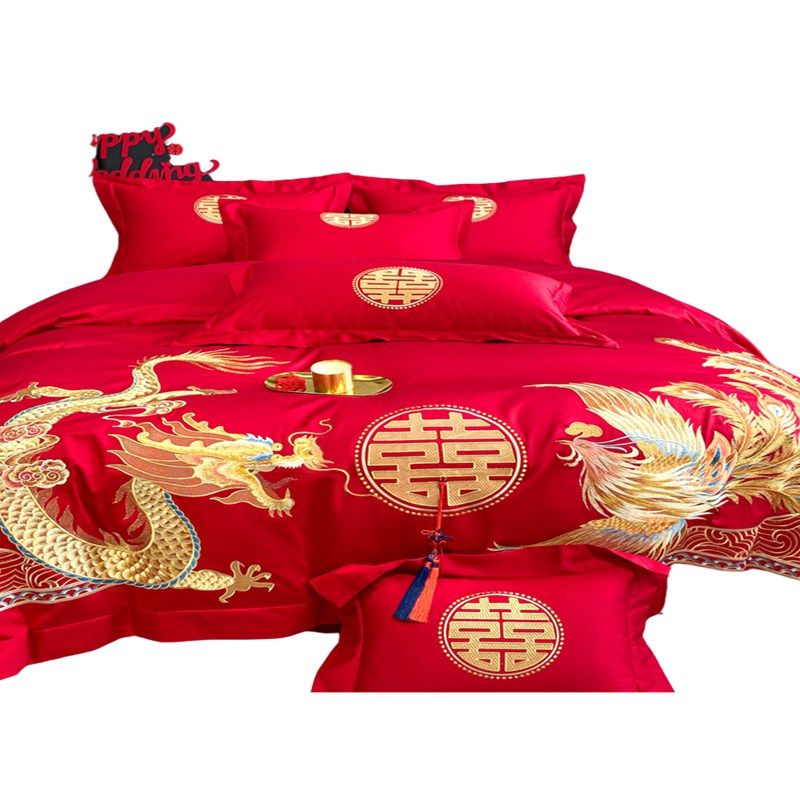 中式龙凤刺绣结婚四件套大红色床单被套全棉纯棉婚庆床上用品婚房,床上用品,婚庆床品套件,淘宝优惠券,粉丝福利购,淘宝优惠卷
