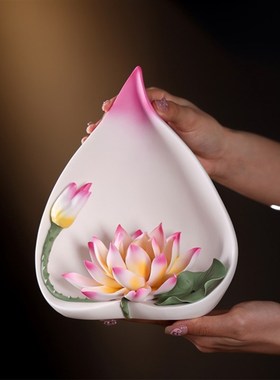 一路连升陶瓷莲花摆件手工瓷花中式客厅玄关佛前装饰工艺品礼品