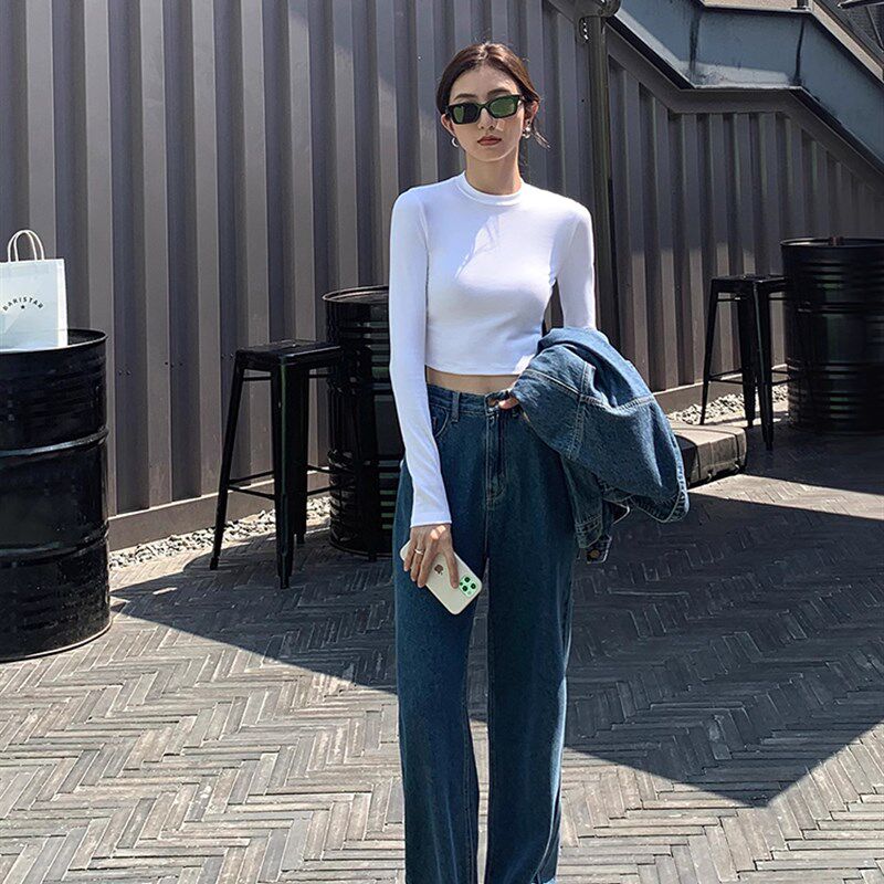 2024早秋新款长袖T恤女高腰z短款露肚脐修身圆领小个子内搭打底衫