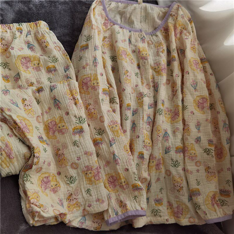 甜美新款女绉布睡衣家居服套装长袖长裤套头公主猫闺蜜春夏秋