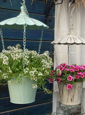 笨笨园艺铁艺降落伞垂吊盆 装饰盆器 铁艺吊篮 复古做旧欧式乡村