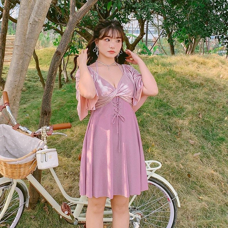 泳衣女2024款时尚显瘦遮肚子连体裙式钢托聚拢大码胖mm泡温泉泳装