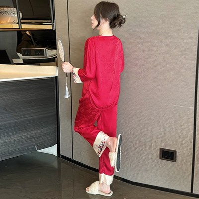 红色中式国风花卉冰丝睡衣女结婚新婚本命年丝绸套装带胸垫家居服