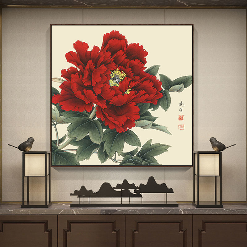 牡丹花挂画国画客厅玄关装饰画过道背景墙花开富贵V餐厅壁画招财