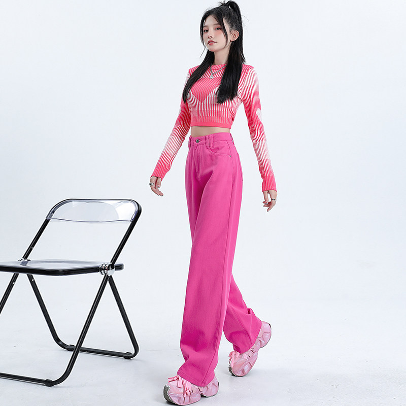 玫红色牛仔裤女春秋薄款高腰显瘦梨型身材O辣妹多巴胺阔腿裤夏