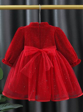 周岁女宝宝礼f服秋冬装女童加绒洋装子1岁3儿童红色公主裙拜年服