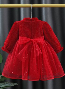 周岁女宝宝礼服秋冬装女童加绒洋装子1K岁3儿童红色公主裙拜年服