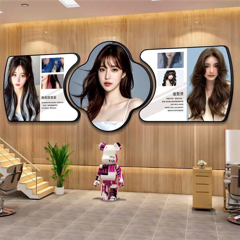理发店海报墙贴墙面装饰画男女发型挂画美发店发廊背景形象墙壁画