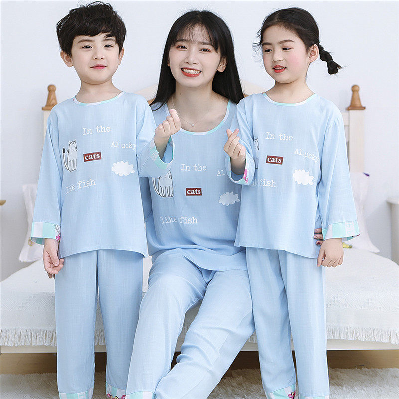 新品亲子装睡衣一家三口四口家A庭套装母女母子夏季绵绸家居服夏
