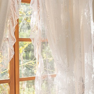 法式双层窗帘布加纱蕾丝浪漫美式半遮光卧室飘窗小窗户纱帘米色