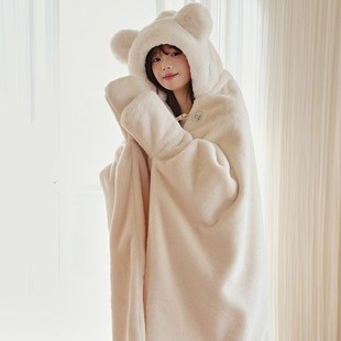 毛绒披风毯披肩毛毯办公室学生午睡盖毯斗篷带帽冬保暖女双层加厚