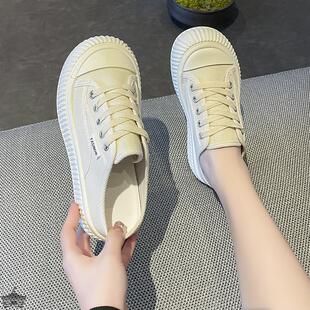 饼乾帆布拖鞋2023夏季新款无後跟包头半拖鞋女外穿厚底懒人鞋子潮