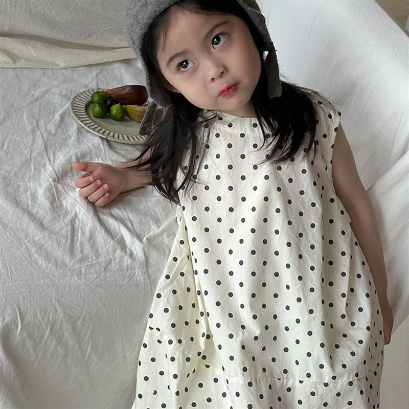 女童裙2024夏季女宝宝背心裙儿童韩版茧型连衣裙可爱波点背心裙