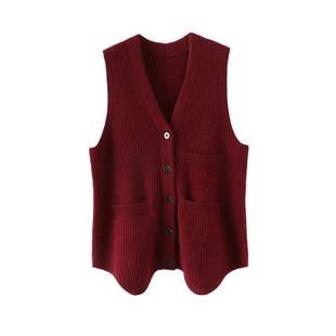 气质美得飞起 毛衣加厚坎肩秋冬 坑条V领羊绒马甲背心女纯羊绒P衫