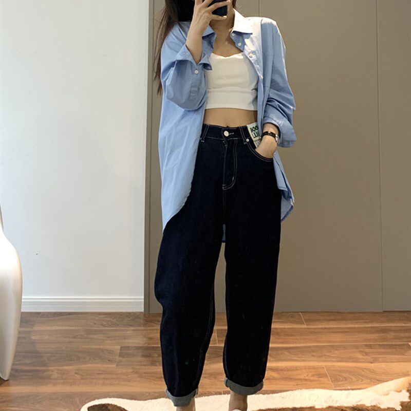 大码胖妹妹mm防褪色弹力哈伦牛仔裤女H夏款梨形身材遮肉显瘦萝卜
