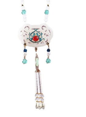 云锦古风饰品仿白玉岫玉长璎珞项链百搭襦裙明制汉服Y衣链旗袍配