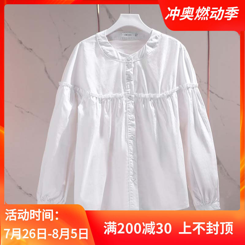 衬衫女夏季韩版宽松长袖白色上衣简约百搭洋气圆领衬衣