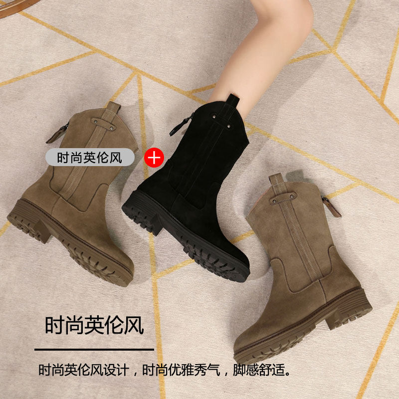中筒单靴后拉链靴子2022秋冬季磨砂牛皮平跟加厚防滑雪地女靴棉靴