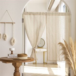 日式帘子卧室阳台厨房亚麻条纹门帘遮挡隔断半帘纱帘魔术贴窗帘