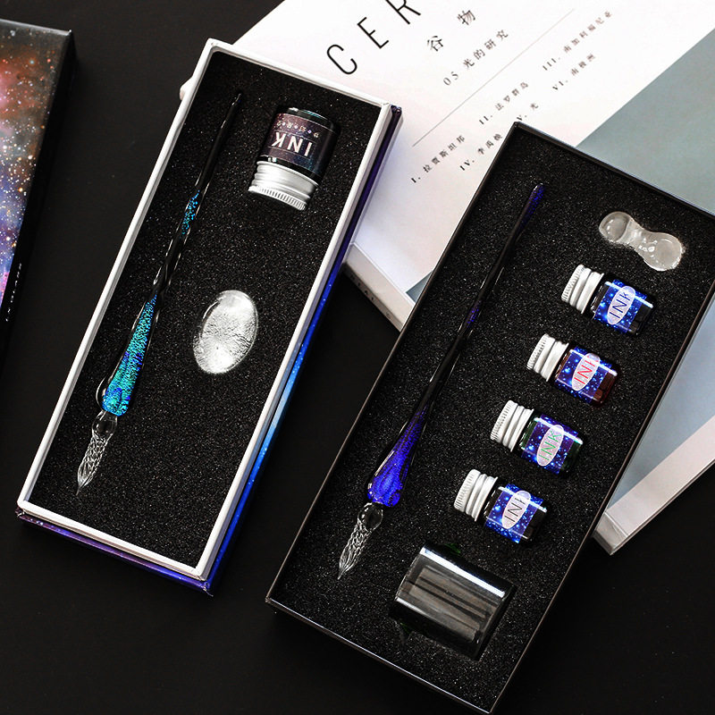 星空玻璃笔套装闪光蘸水s笔手账diy文艺彩色墨沾水签字绘画笔梦幻