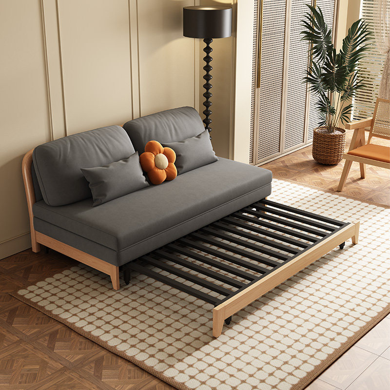 现代简约全实木沙发床两用可折叠客厅书房科技布小户型家俱双人床