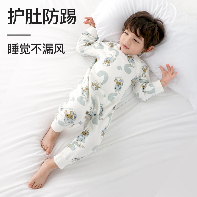 儿童连身睡衣春秋季护肚宝宝连身睡袋男童女孩婴儿束脚家居空调服