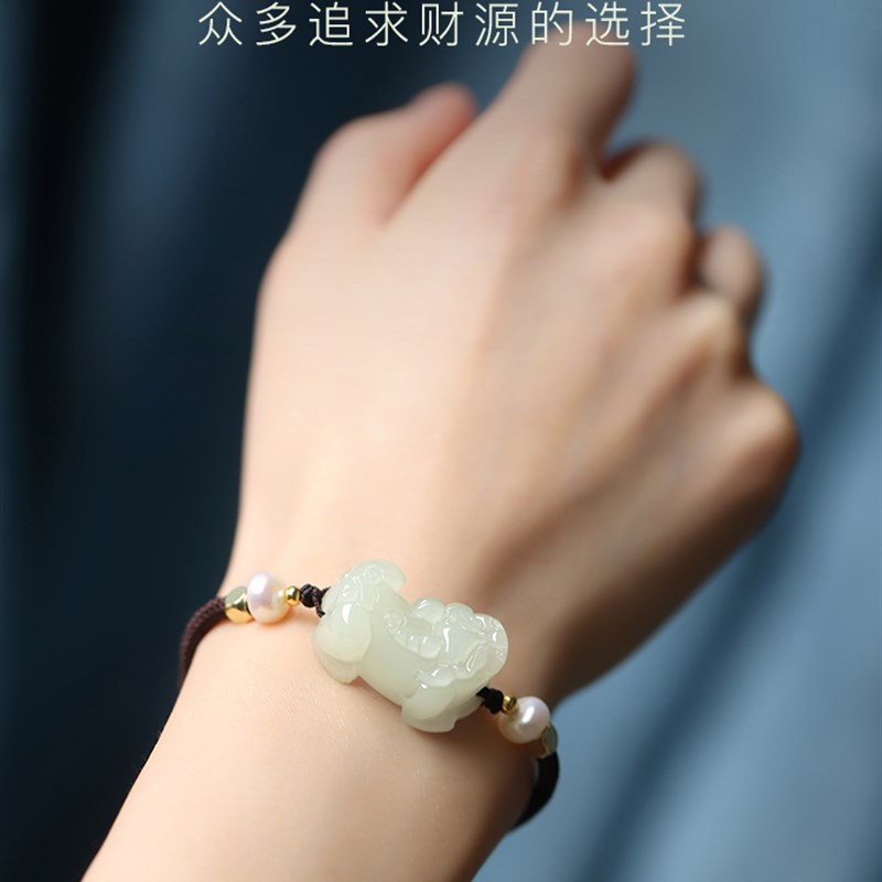 工厂销和田玉皮丘貔貅手链男款白玉招G财貔恘玉石手串女情侣红绳