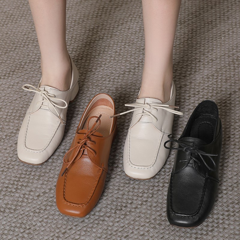 英伦风小皮鞋女春秋新款方头软皮系带单鞋中跟妈妈鞋子大码41-43