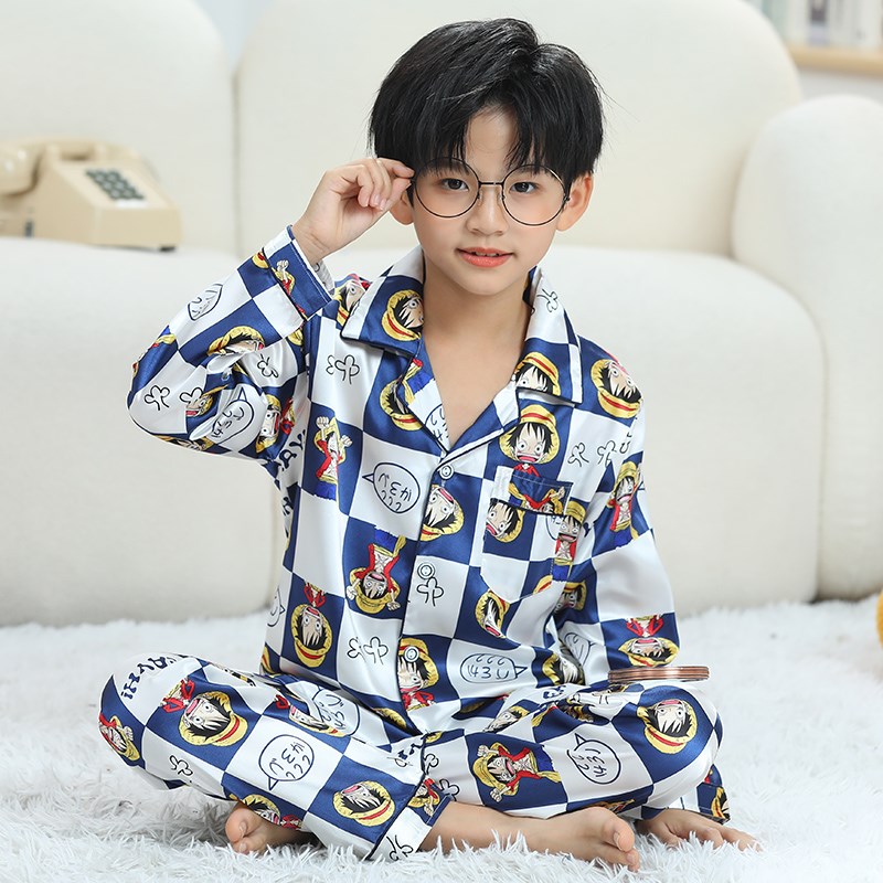 儿童冰丝睡衣春秋男童长袖卡通家居服薄款小男孩丝绸宝宝大童夏季