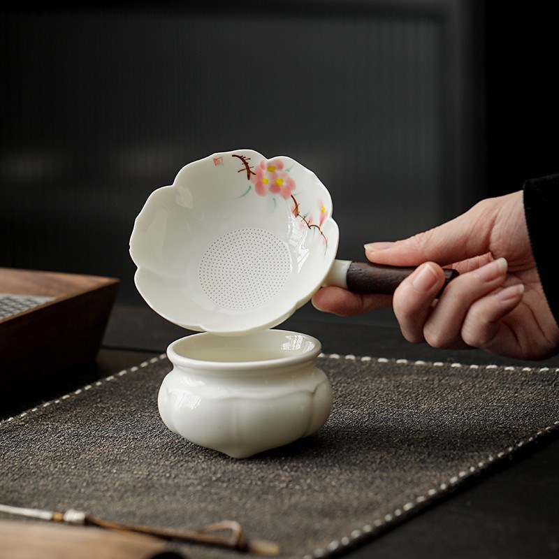 物姿白瓷手绘茶漏茶滤一体陶瓷茶叶滤茶器家用茶隔W功夫茶具配件