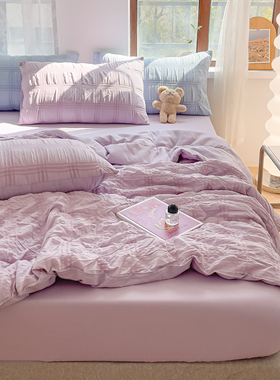 夏天紫色泡e泡纱水洗棉夏被四件套公主风夏凉被薄款空调被芯可机