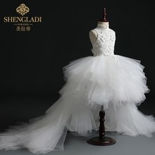 花童礼服女儿童婚纱女童公主裙白色蓬蓬纱模特走秀拖尾时尚晚礼服