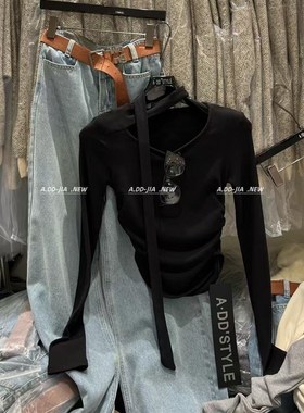 ADD韩版秋冬新款气质显瘦加厚磨毛飘带设计感长袖T恤打底衫上衣女