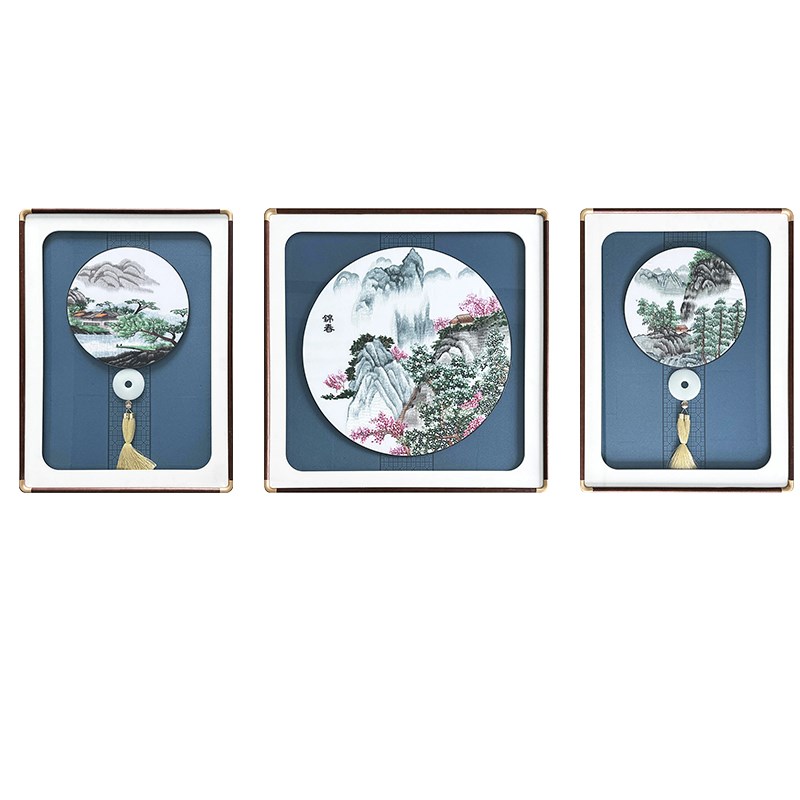锦绣山河客厅三联装饰画高级感刺绣立体实物画轻奢沙发背景墙挂画图片