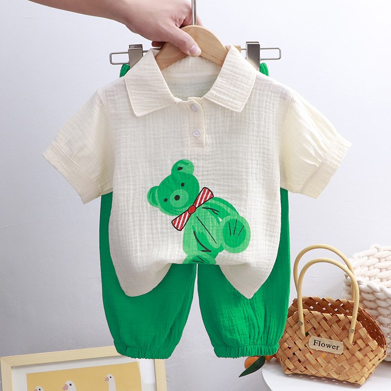 儿童立领棉纱套装夏n季薄款男童女童纯棉家居服宝宝纱布空调服童