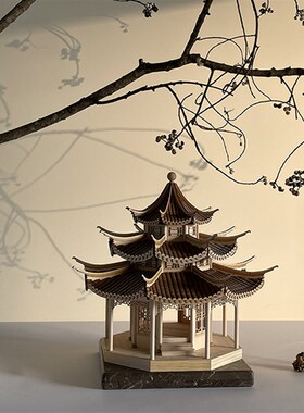 中国古建筑木模型中式古代木质E拼装建筑成品古铜色模型摆件
