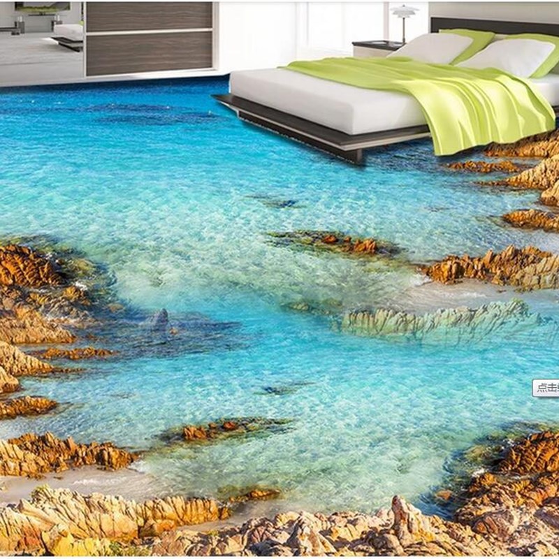 海浪石头地板贴3D 浴室地板贴画PVCP 斜纹防滑自粘地贴